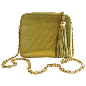 Chanel Vintage Oval Green Suede Classic CC Logo Camera Handbag with Ta –  Cris Consignment